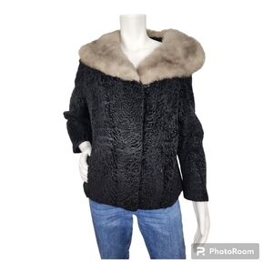 Vintage Persian Lamb Mobwife Black W/ Gray Mink Collar Jacket Size L/XL